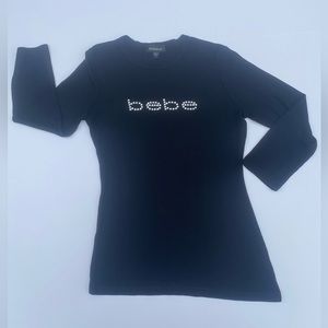 Bebe Black Long-Sleeve Crew Neck Crystal Logo Top (Medium)